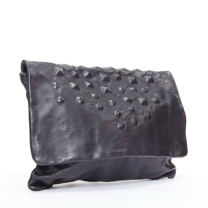 JAS MB black leather debossed stud flap oversized clutch bag