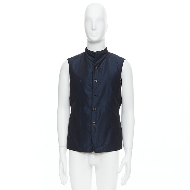 Male mannequin wearing Shiatzy Chen Navy Polyester Men Vest in Size IT46 | Available at JHROP