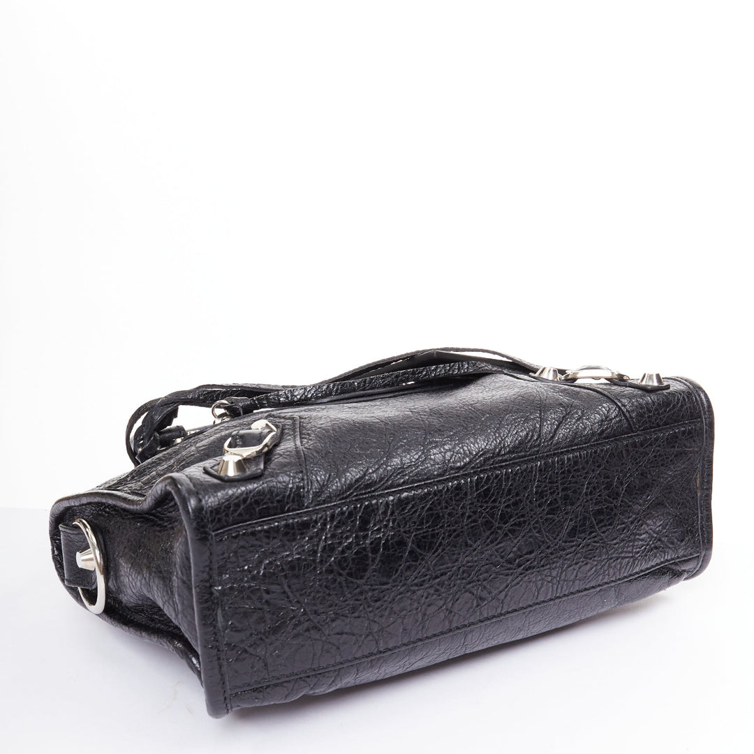 BALENCIAGA Le City Mini black crinkled leather silver hardware crossbody bag