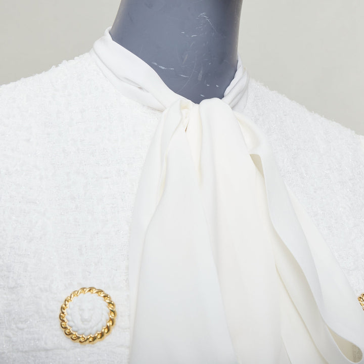 BALMAIN 2024 cream tweed silk sleeves gold lion buttons feather jacket FR36 S