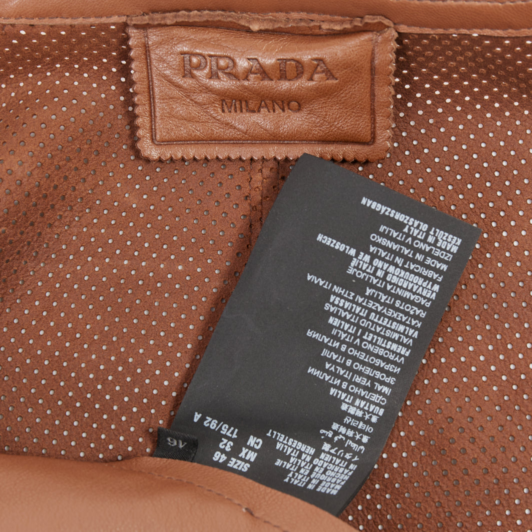 PRADA 2013 brown perforated lambskin leather zip collarless bomber jacket IT46 S