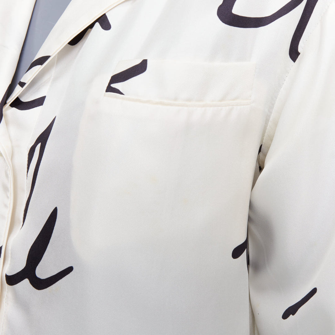 OSCAR DE LA RENTA C21 Runway black cursive script print white silk shirt top XS