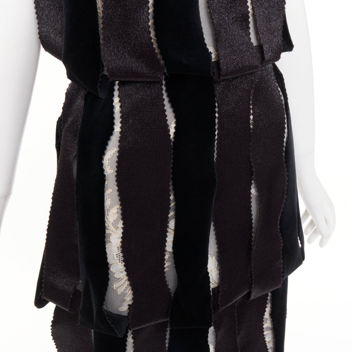 RODARTE 2007 Runway Vintage black velvet ribbon lace layered midi dress UK8 S