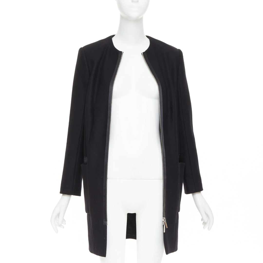 THE ROW black virgin wool blend collarless zip long coat US2 S