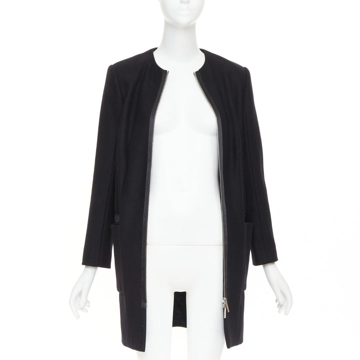 THE ROW black virgin wool blend collarless zip long coat US2 S