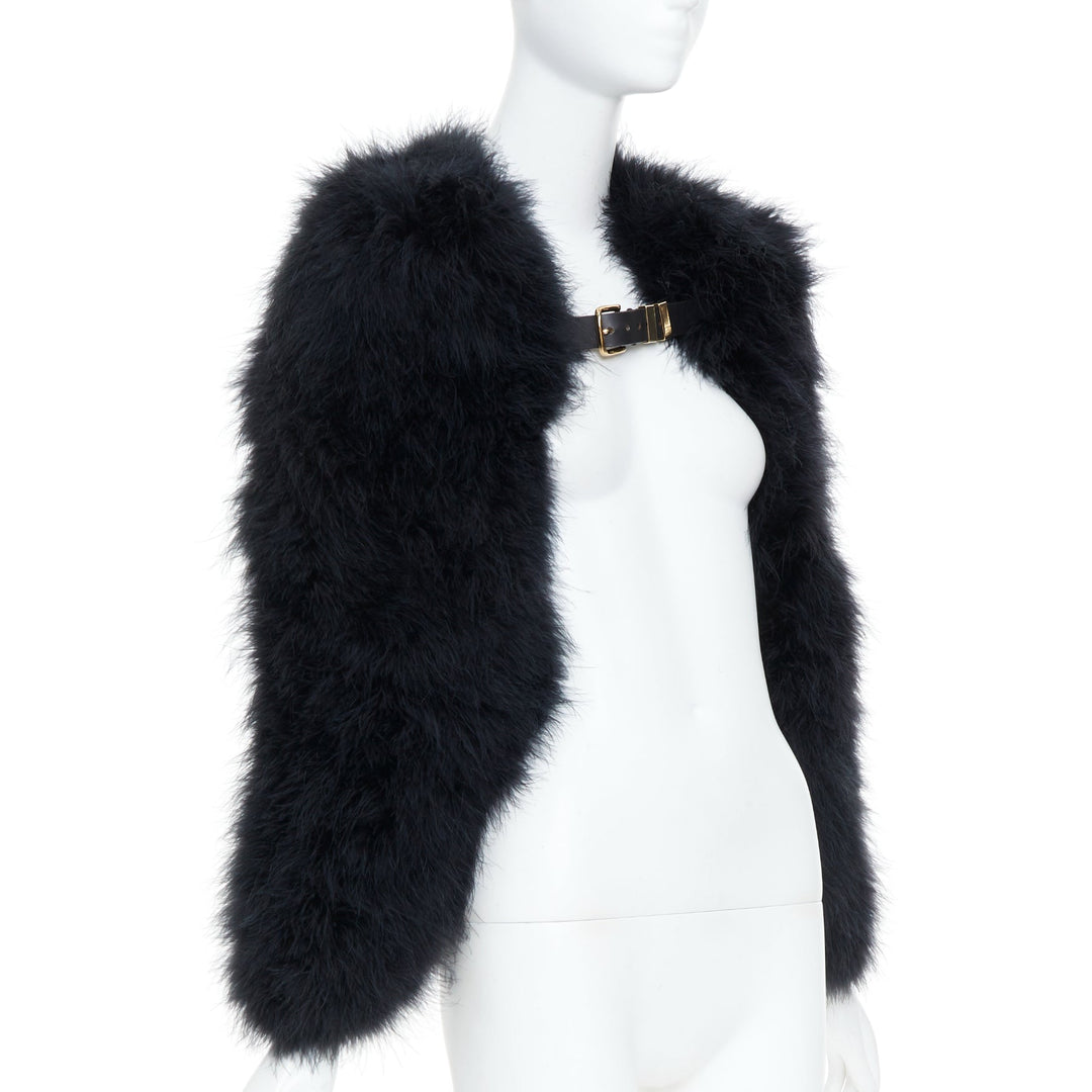 BALMAIN 2014 black turkey feather leather buckle collar cape shrug bolero FR38 M