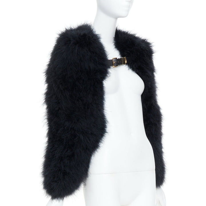 BALMAIN 2014 black turkey feather leather buckle collar cape shrug bolero FR38 M