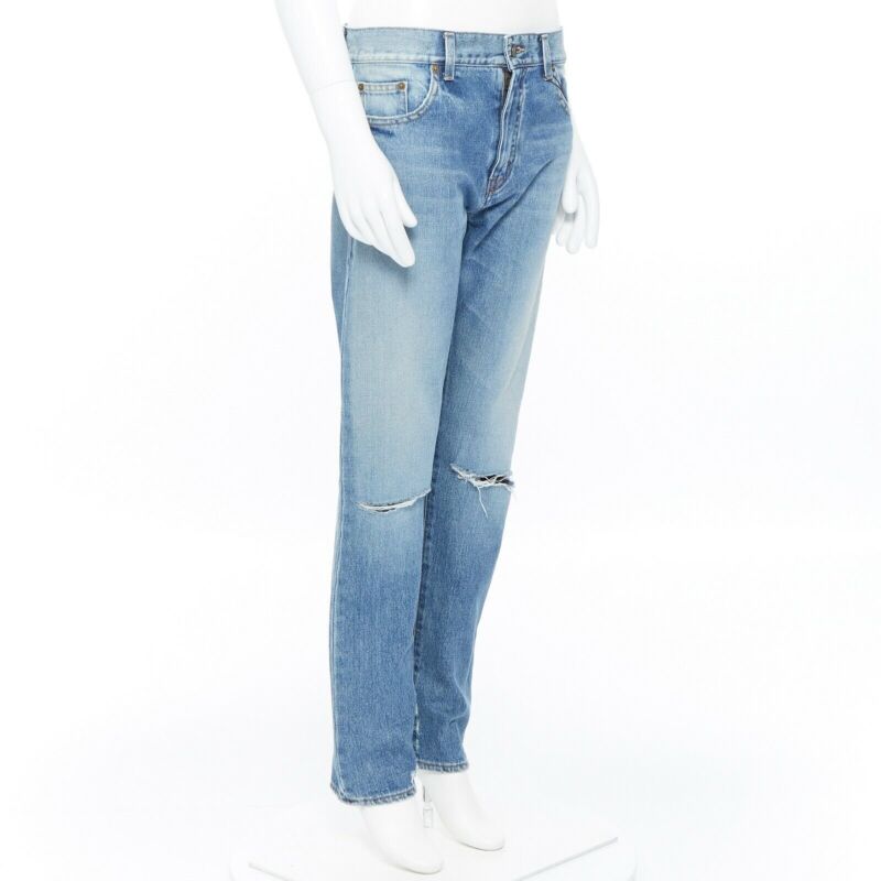 SAINT LAURENT HEDI SLIMANE blue cotton torn knee washed skinny denim jeans 29"