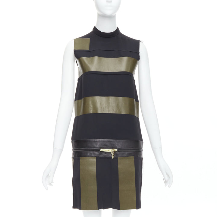 OLD CELINE Phoebe Philo khaki black leather silk stripe dress FR36 S