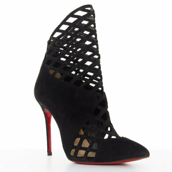 CHRISTIAN LOUBOUTIN Mrs Bouglione black suede mesh cut out pointy bootie EU35