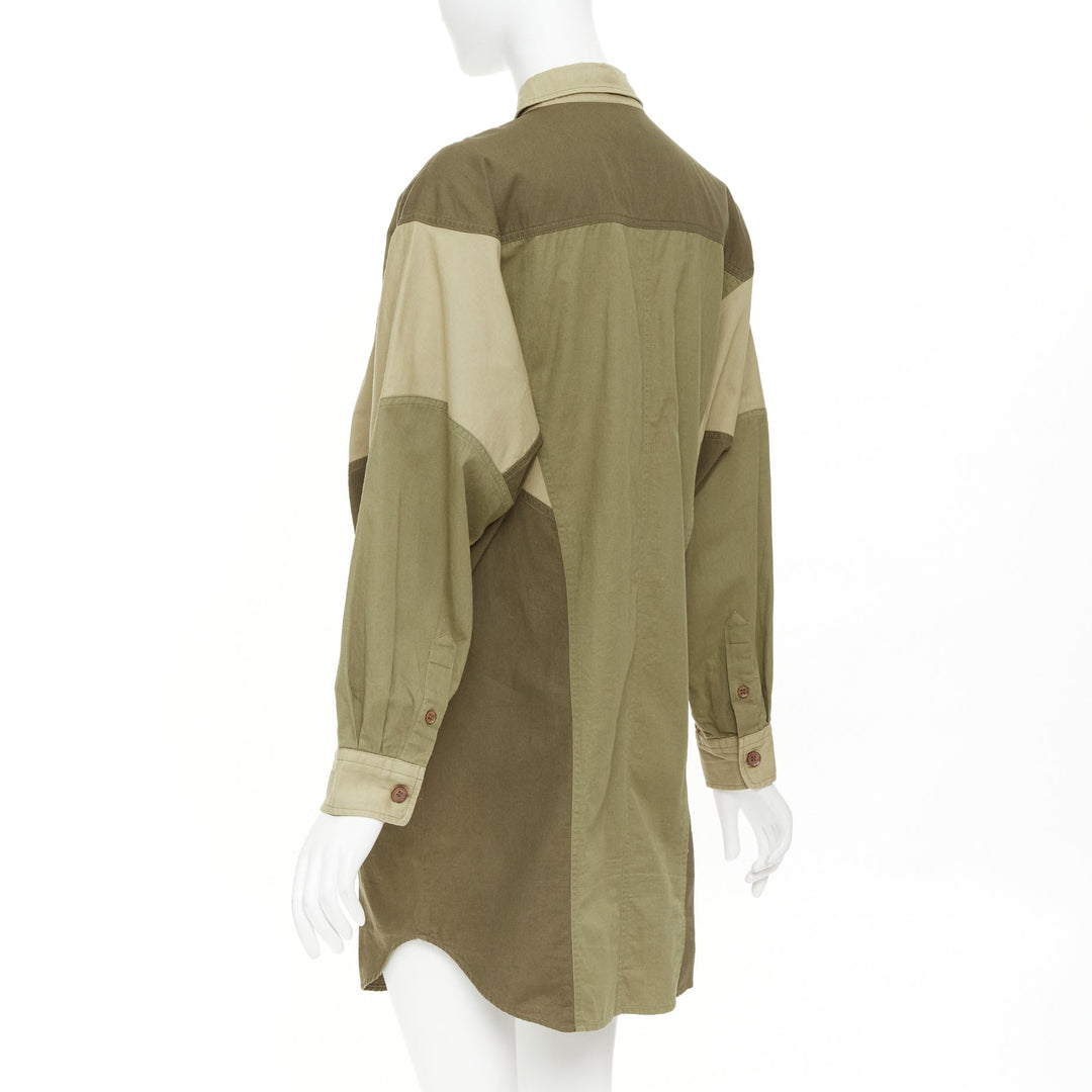 ISABEL MARANT ETOILE khaki green cotton patchwork batwing shirt dress FR36 S