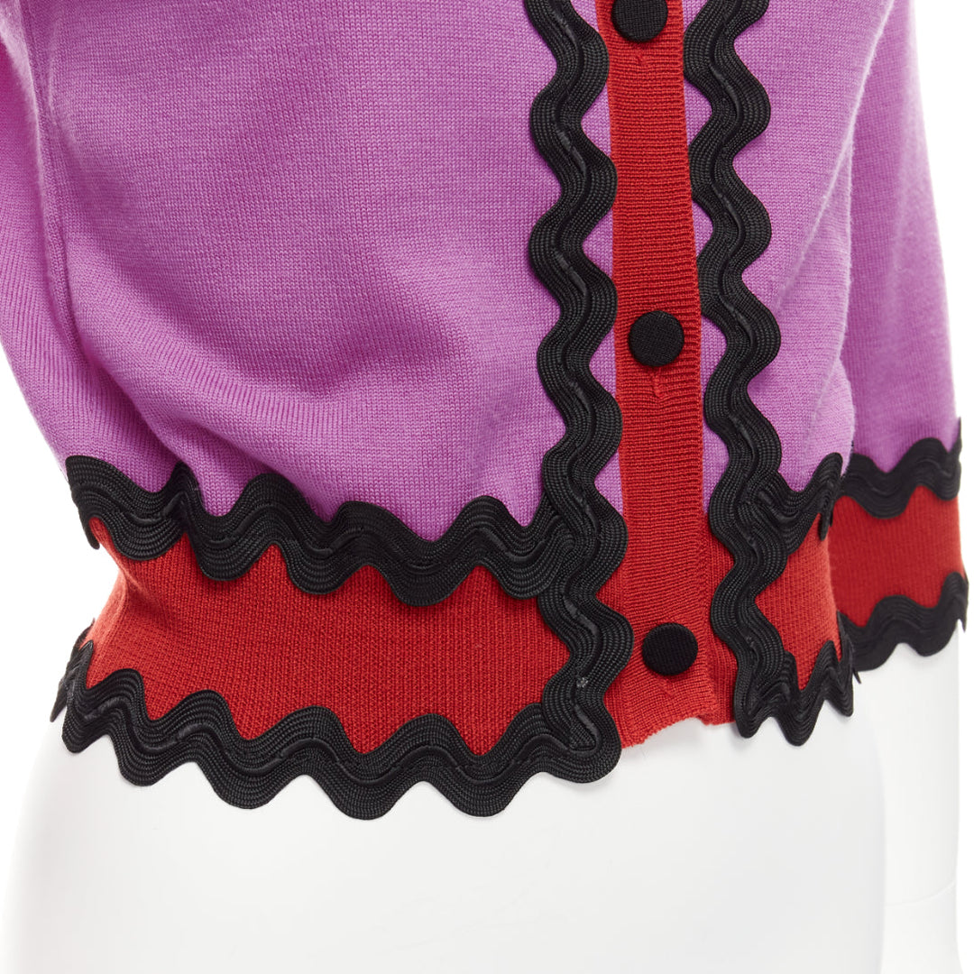GUCCI 100% wool purple red black wavy trims cropped cardigan S