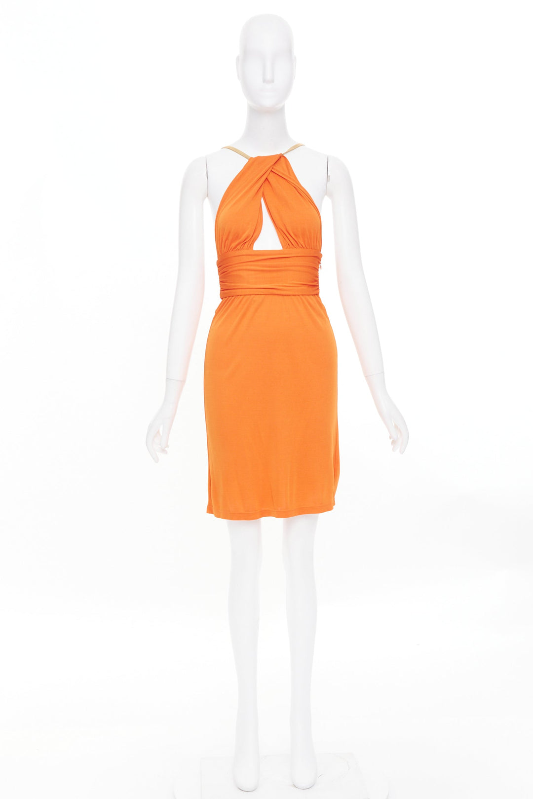 CELINE Vintage orange gold leather trim halter viscose apparel dress FR36 S
