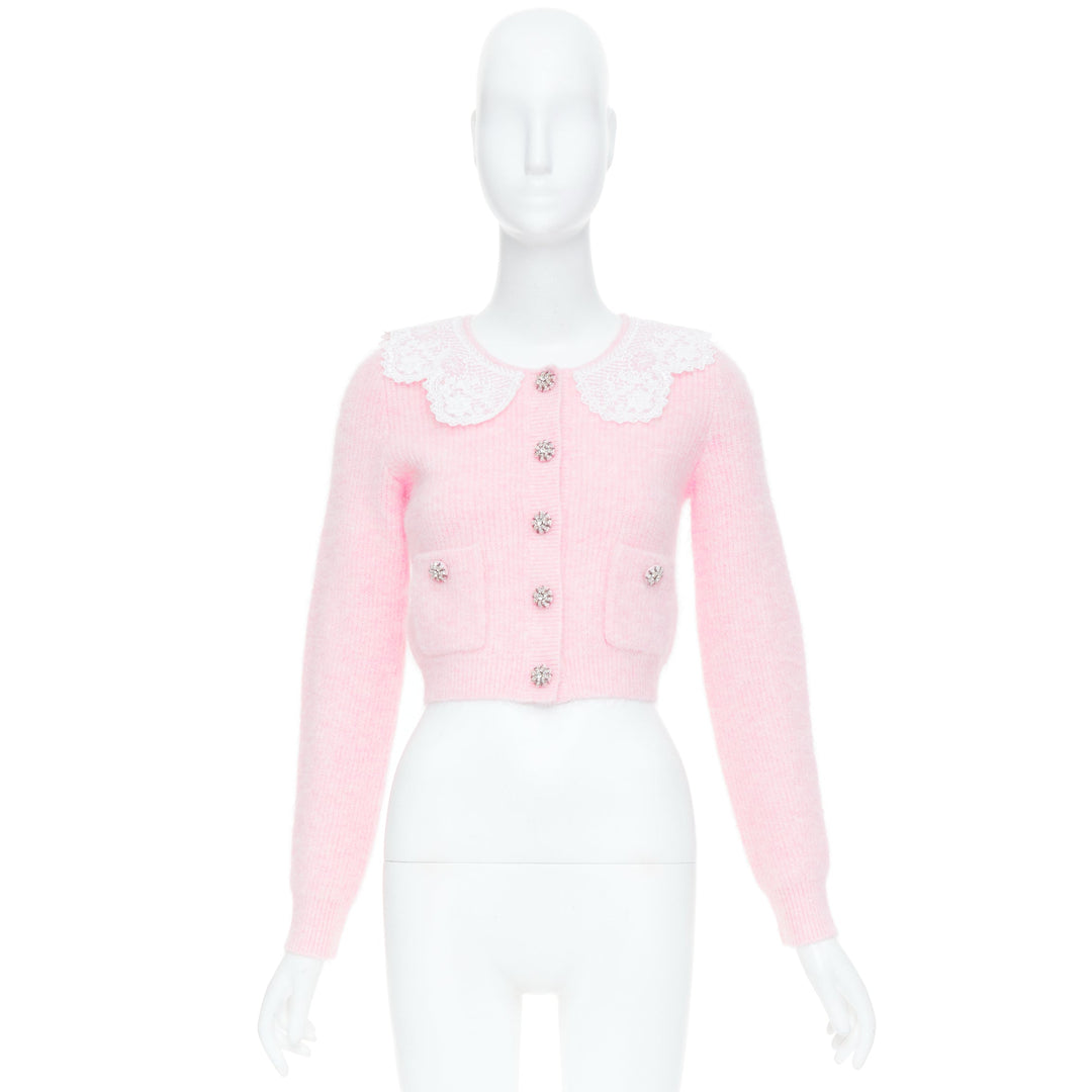 SELF PORTRAIT AW24 lace collar crystal button cropped mohair cardigan S