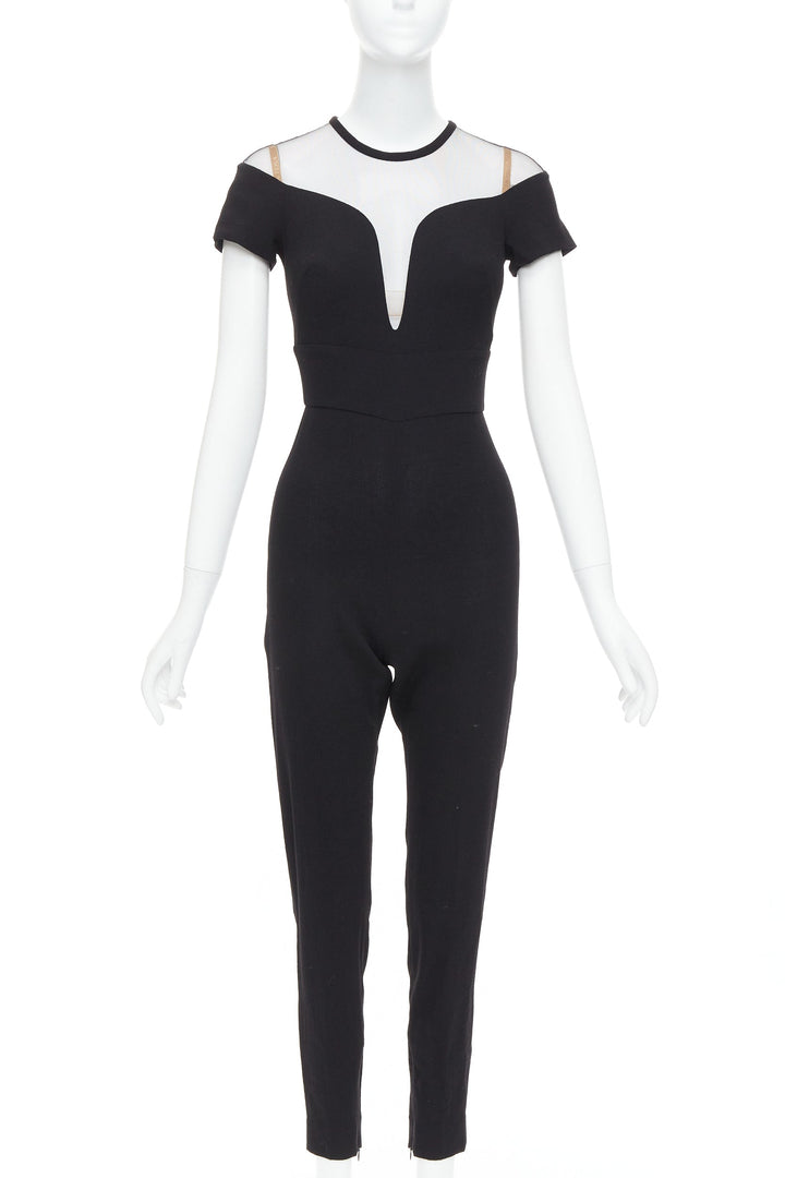 LA PERLA black crepe wool blend sheer plunge jumpsuit IT36D S