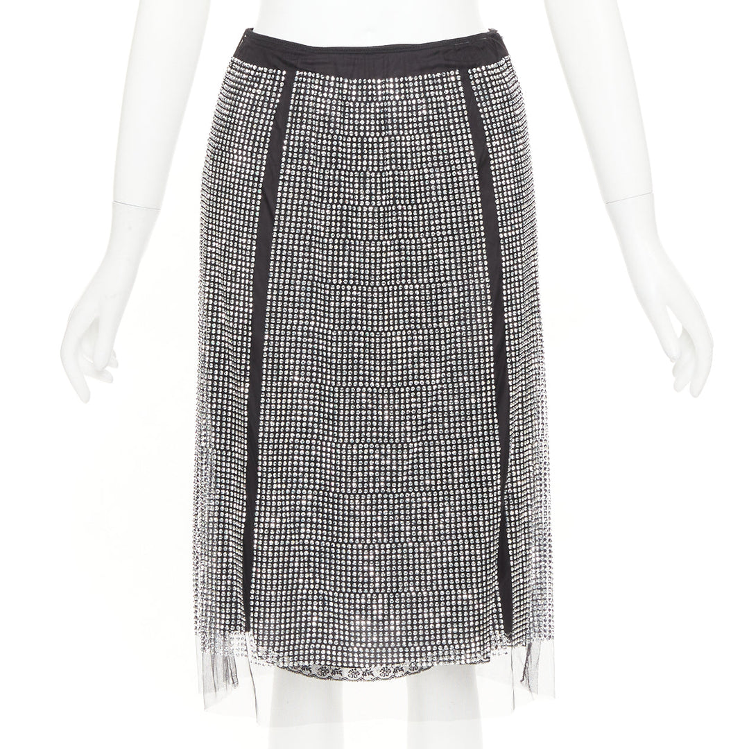PRADA 2021 silver crystal black mesh triangle cut out lace trim skirt IT38 XS