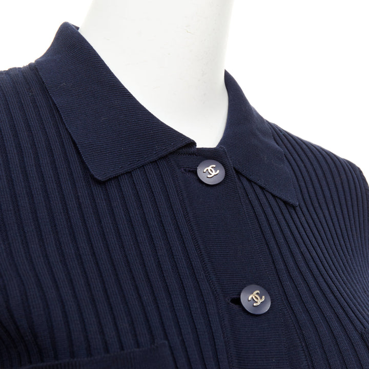 CHANEL 1997 Vintage navy cc logo button pocket collared polo knitwear top FR36 S