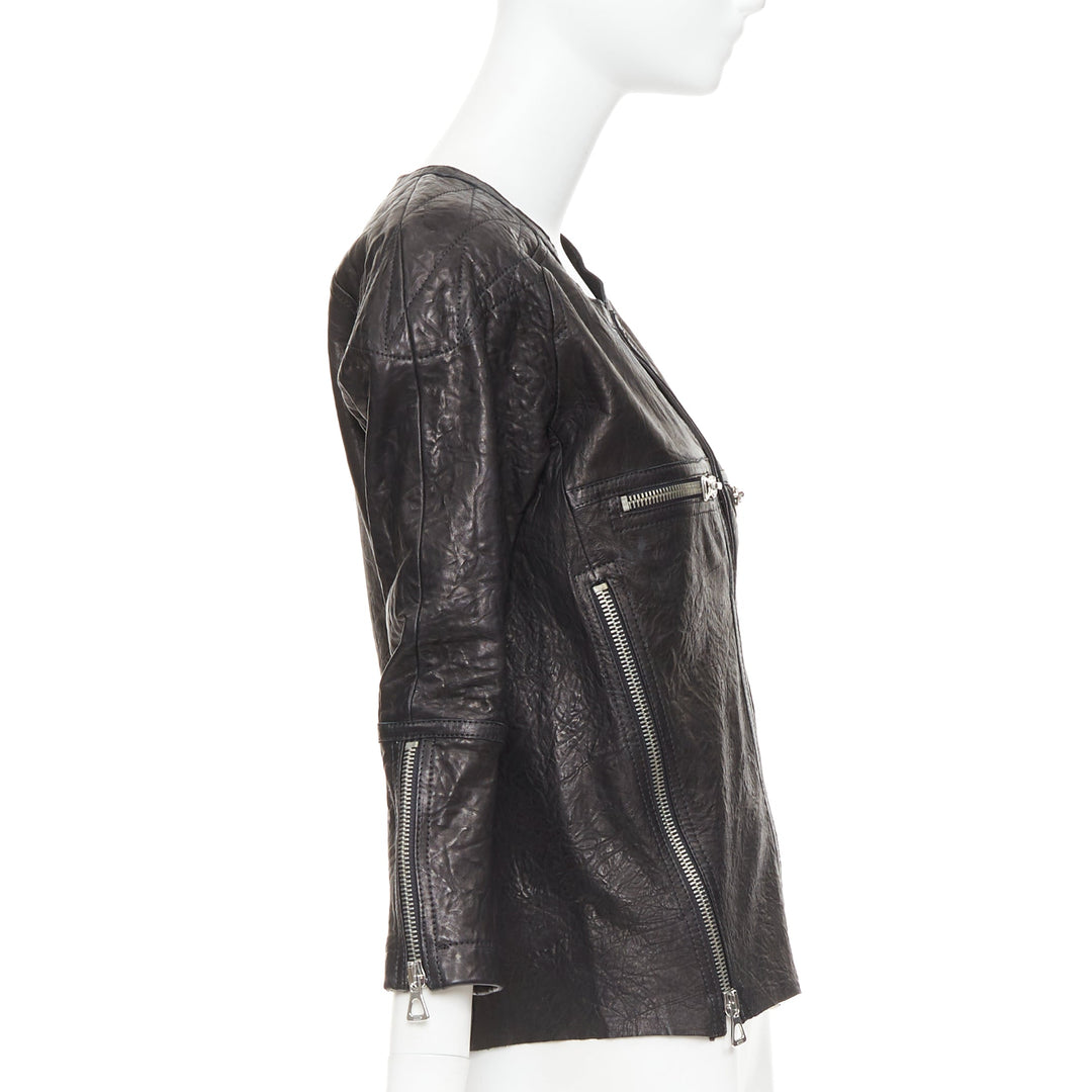 ISABEL MARANT black crinkled leather biker zip pullover jacket FR1 S