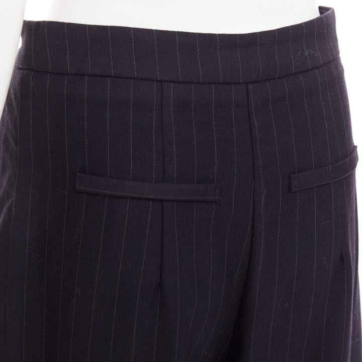 REFORMATION navy pinstripe surplus fabric silver zip fly wide pants US0 XS
