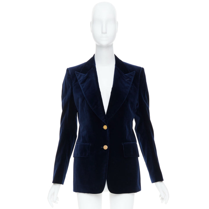 TOM FORD navy blue cotton velvet gold button wide peak lapel blazer IT38 XS