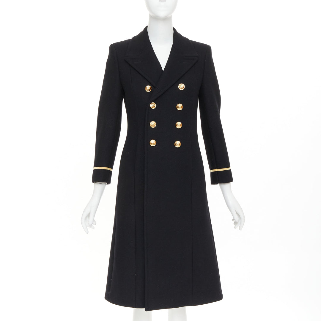 SAINT LAURENT 2016 black wool gold crest button military officer coat FR36