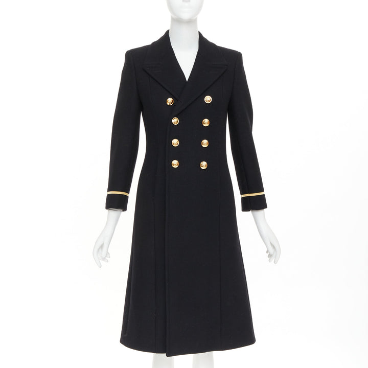 SAINT LAURENT 2016 black wool gold crest button military officer coat FR36