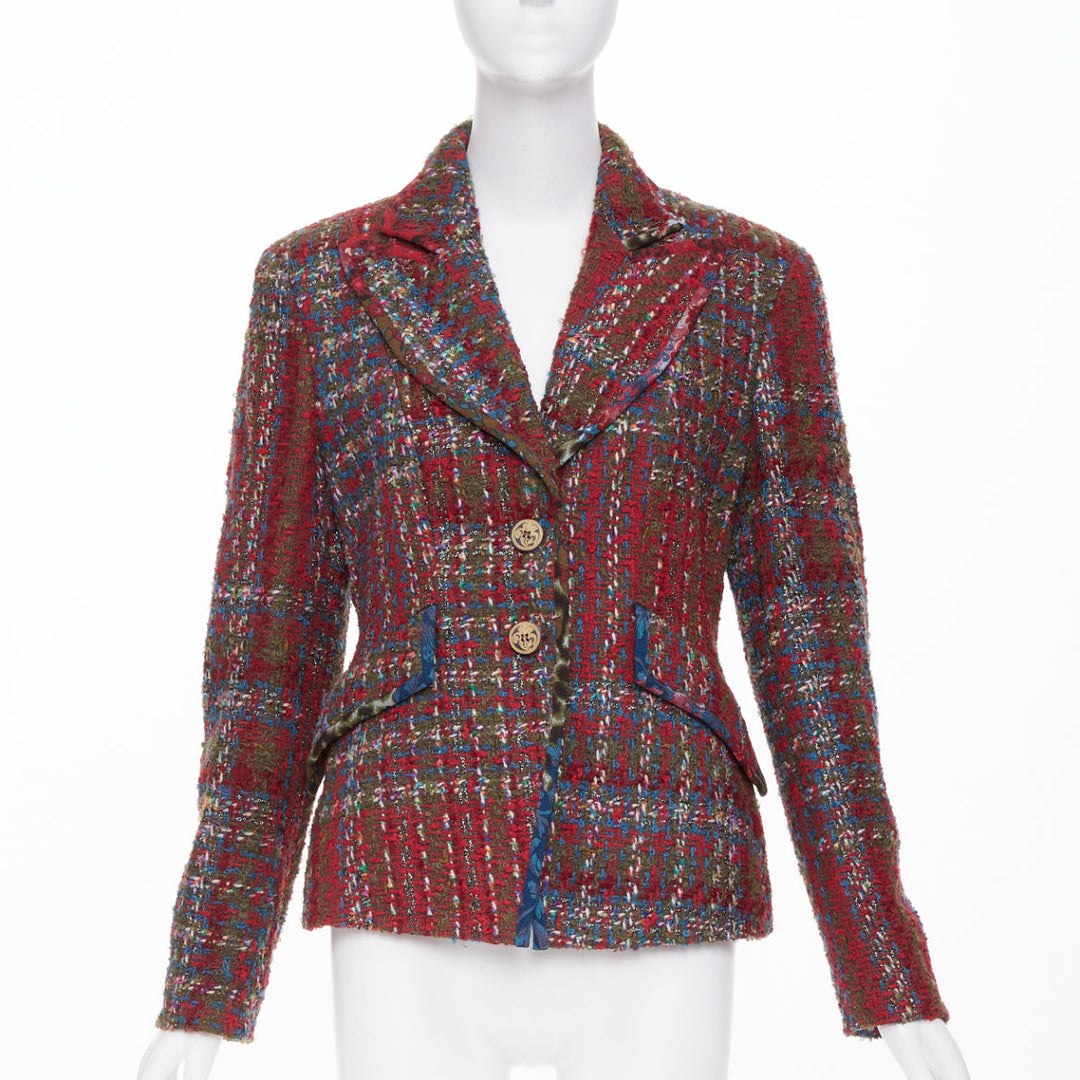 CHRISTIAN LACROIX BAZAR 1996 red plaid tweed crest button blazer jacket FR44 XL