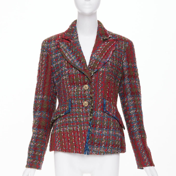 CHRISTIAN LACROIX BAZAR 1996 red plaid tweed crest button blazer jacket FR44 XL