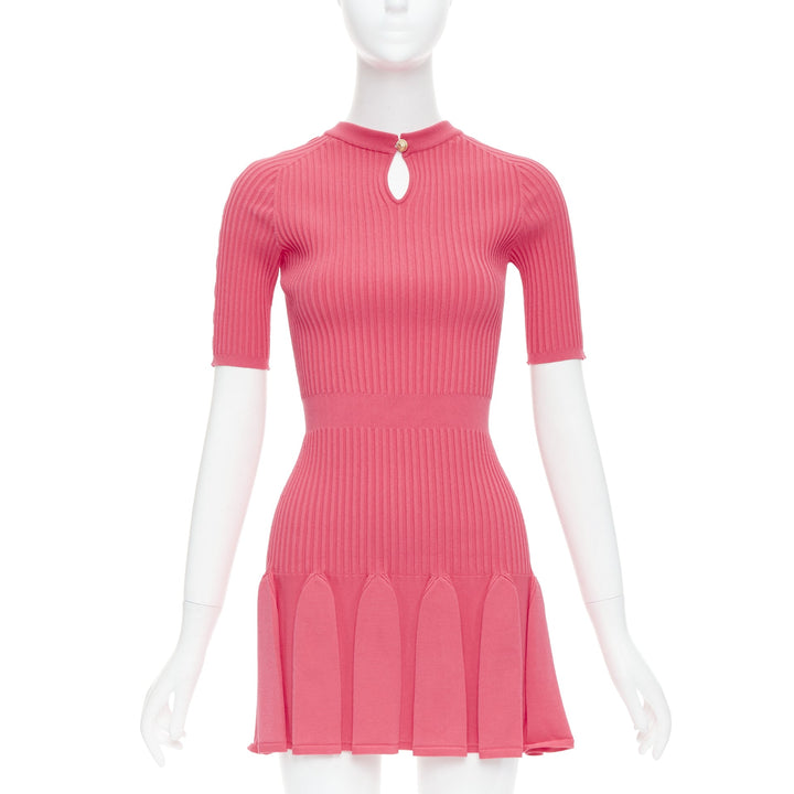 BALMAIN coral pink  keyhole neck ribbed flutter skirt mini dress FR34 XS