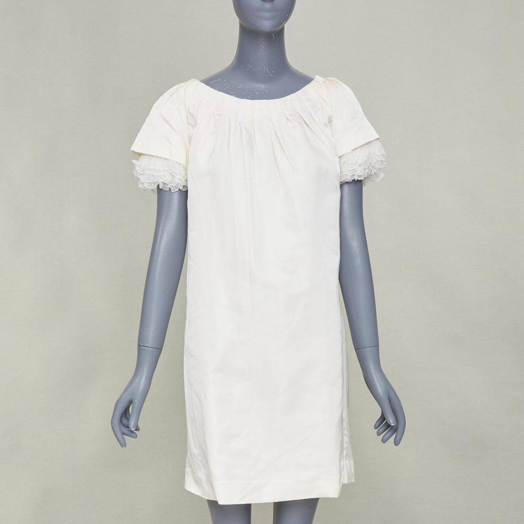 GIAMBATTISTA VALLI Bridal ruffle trim layered sleeve ivory shift dress IT40 XXS