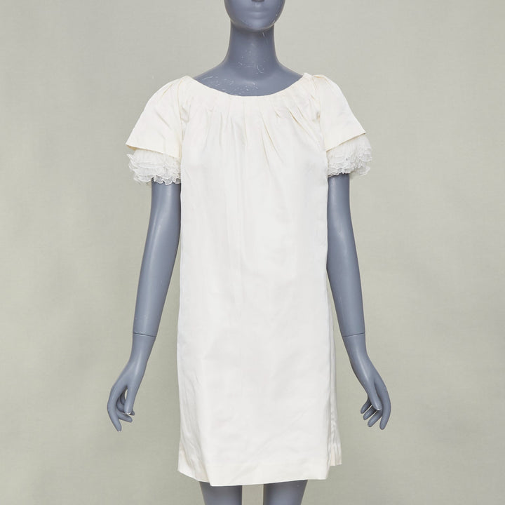 GIAMBATTISTA VALLI Bridal ruffle trim layered sleeve ivory shift dress IT40 XXS