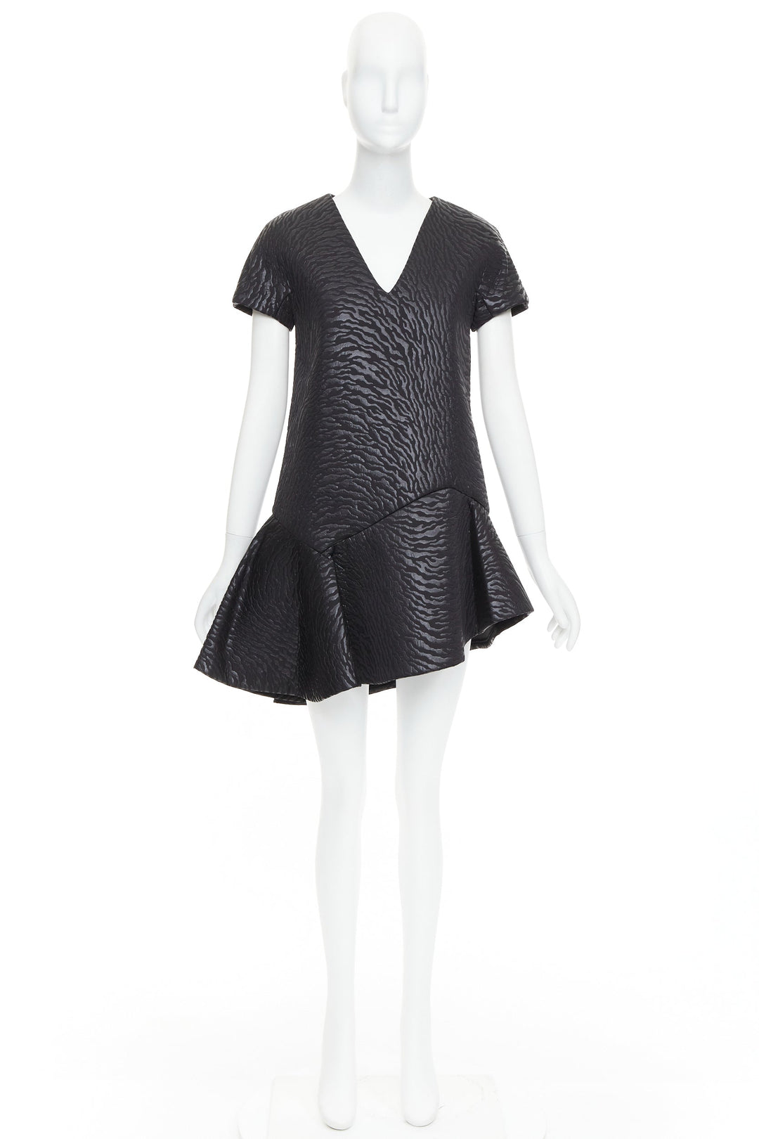 MSGM black tiger stripe neoprene asymmetric flounce mini dress IT42 M