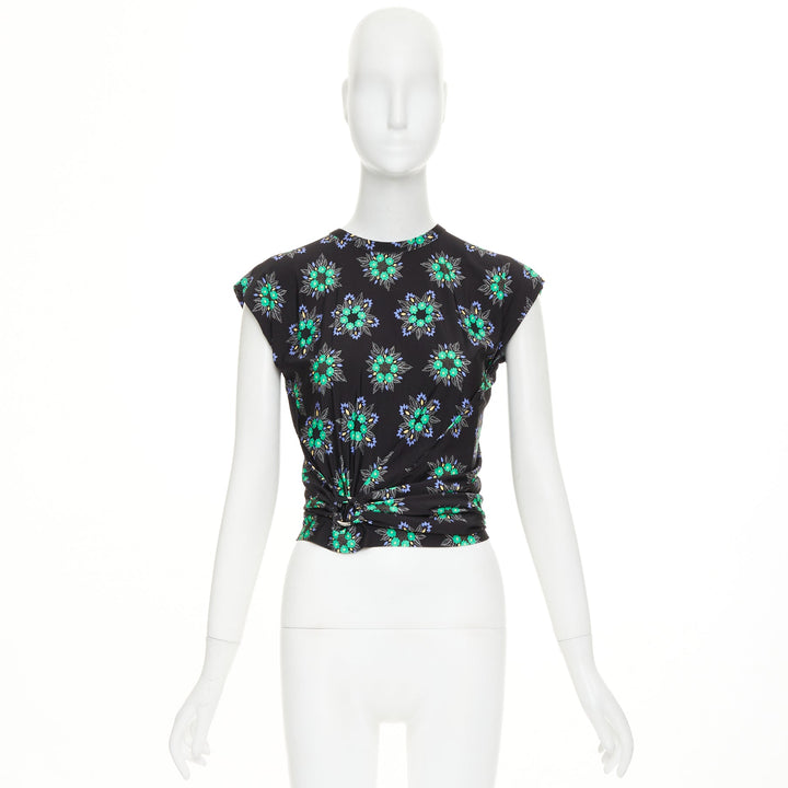 PACO RABANNE Geometric Floral asymmetric ring drape cap sleeve top FR34 XS