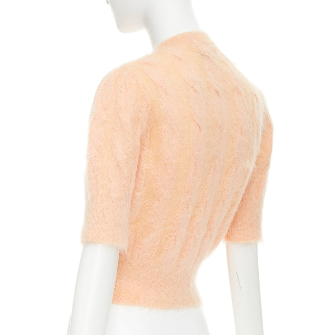 PACO RABANNE coral orange mohair crystal flower puff sleeved cropped pullover S