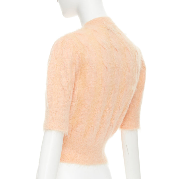 PACO RABANNE coral orange mohair crystal flower puff sleeved cropped pullover S