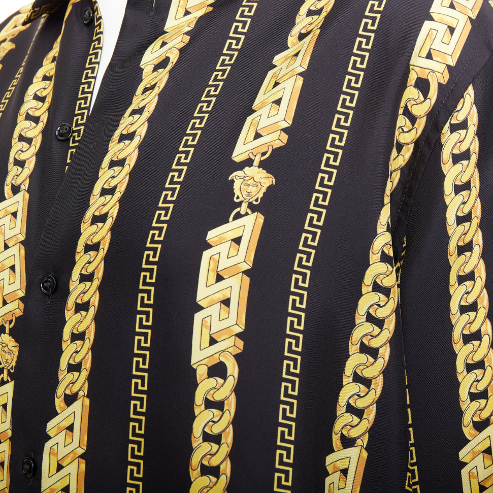 VERSACE 100% silk black gold Medusa Chains cuban link printed shirt IT54 XXL