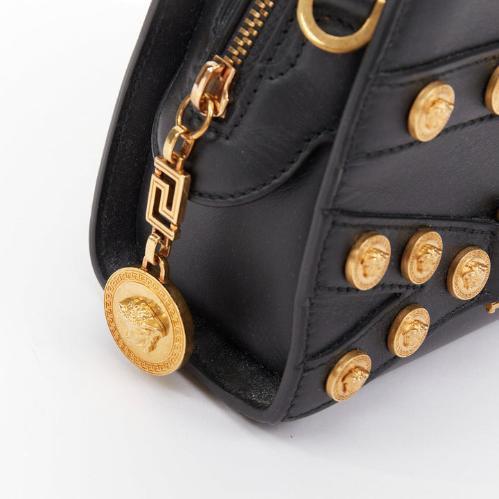 VERSACE 2018 Runway Tribute Medallion small black leather gold buckles bag