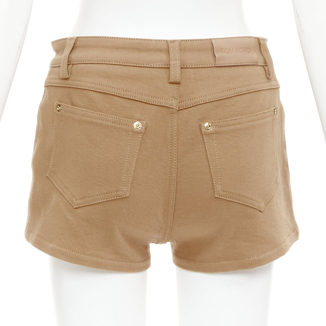 TOM FORD khaki cotton TF logo black blend leather trim mini shorts 25"
