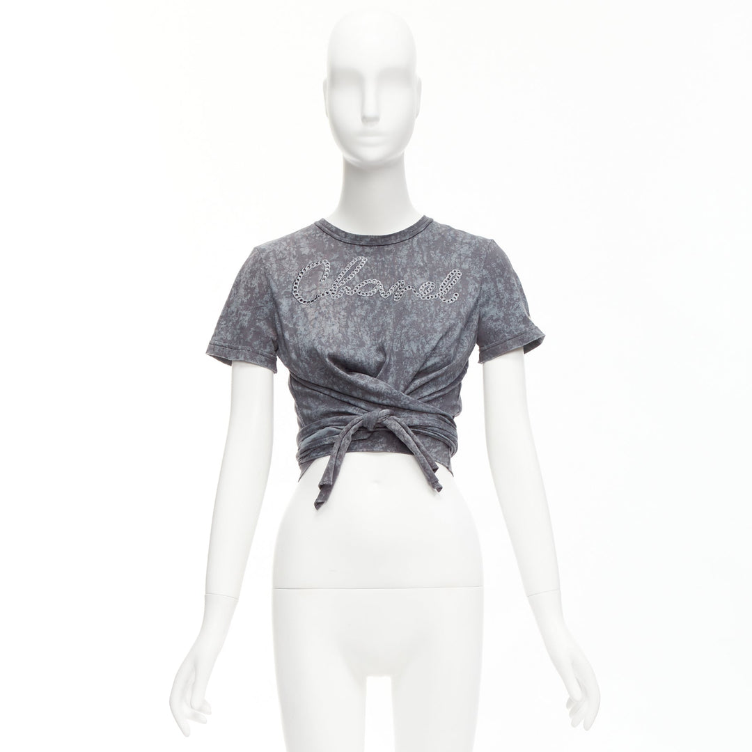 CHANEL 2021 grey rope logo embroidery tie cropped tshirt FR34 XS
