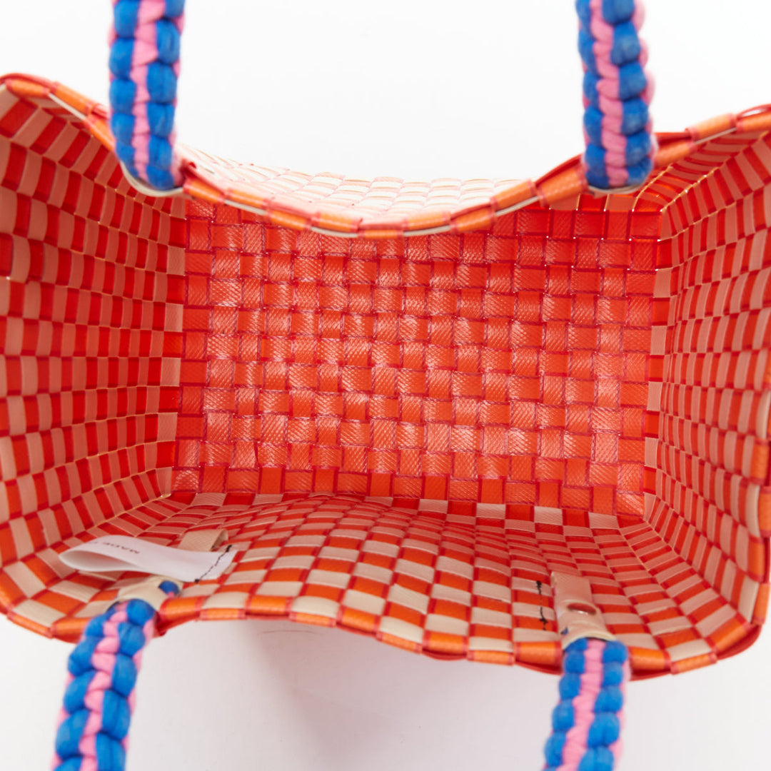 MARNI Basket orange cream straw brown leather tag rope trim top handle bag