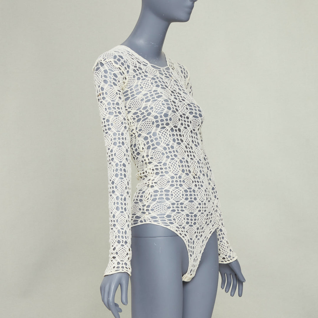 COMME DES GARCONS beige nylon braided crochet open knit mesh bodysuit leotard