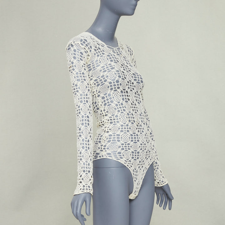 COMME DES GARCONS beige nylon braided crochet open knit mesh bodysuit leotard