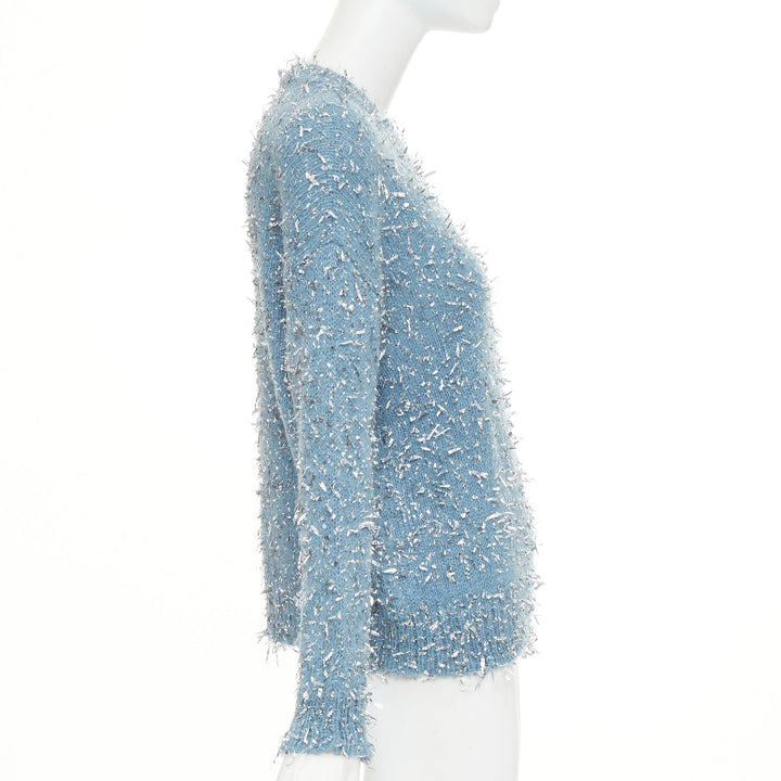 MSGM 2023 misty blue silver metallic foil speckle crewneck sweater XS