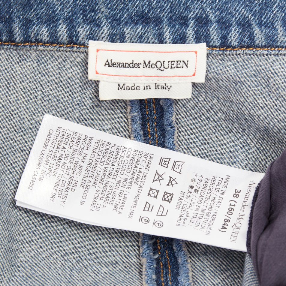 ALEXANDER MCQUEEN 2021 Runway blue denim open boat neck puff sleeve dress IT40 S