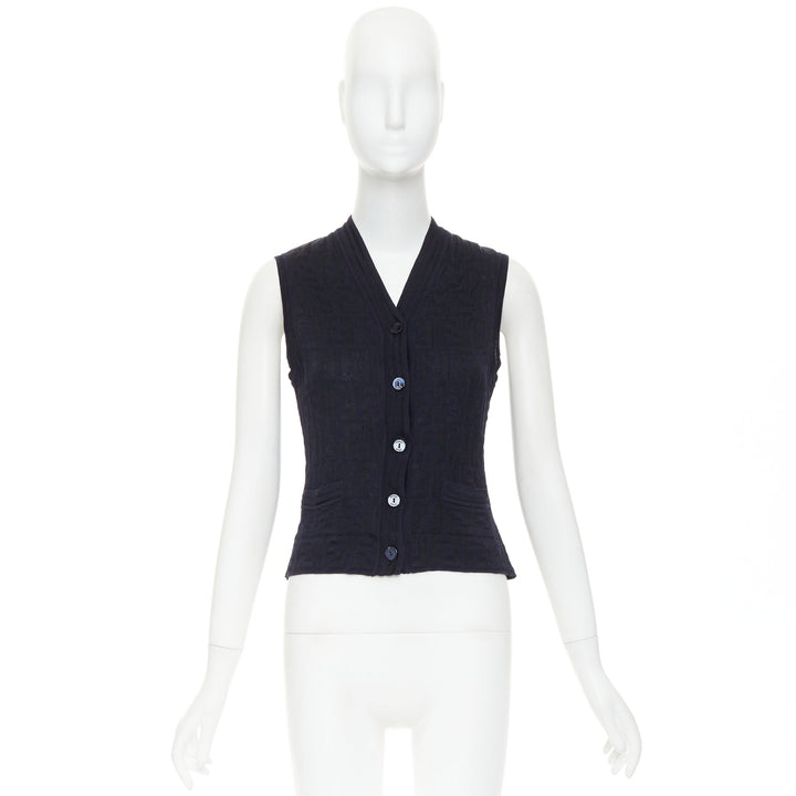 FENDI 1990s Maglia Vintage black navy FF Zucca monogram knit vest top IT40 S