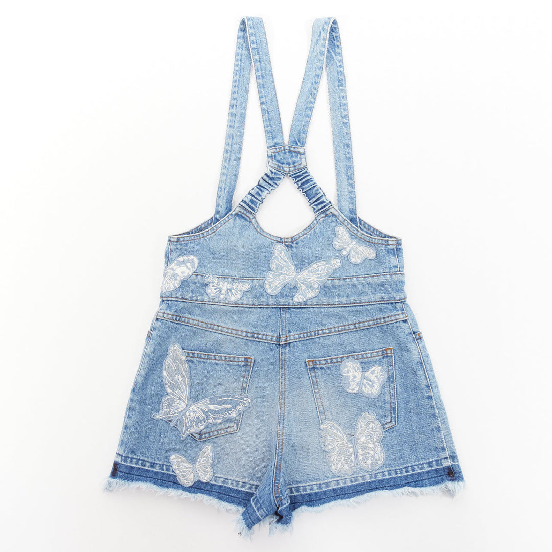 VALENTINO washed denim white butterfly patch suspender dungaree shorts 25"