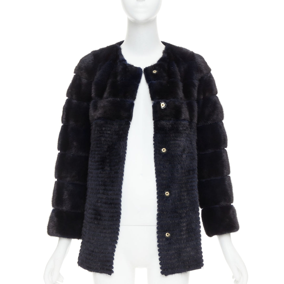 YVES SALOMON KIDS black navy horizontal mink fur work collarless coat Y12