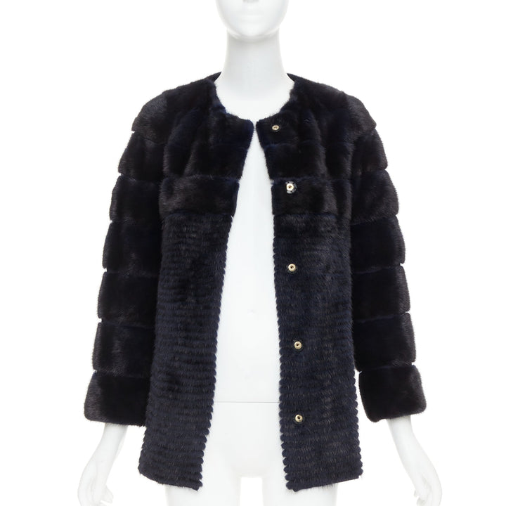 YVES SALOMON KIDS black navy horizontal mink fur work collarless coat Y12