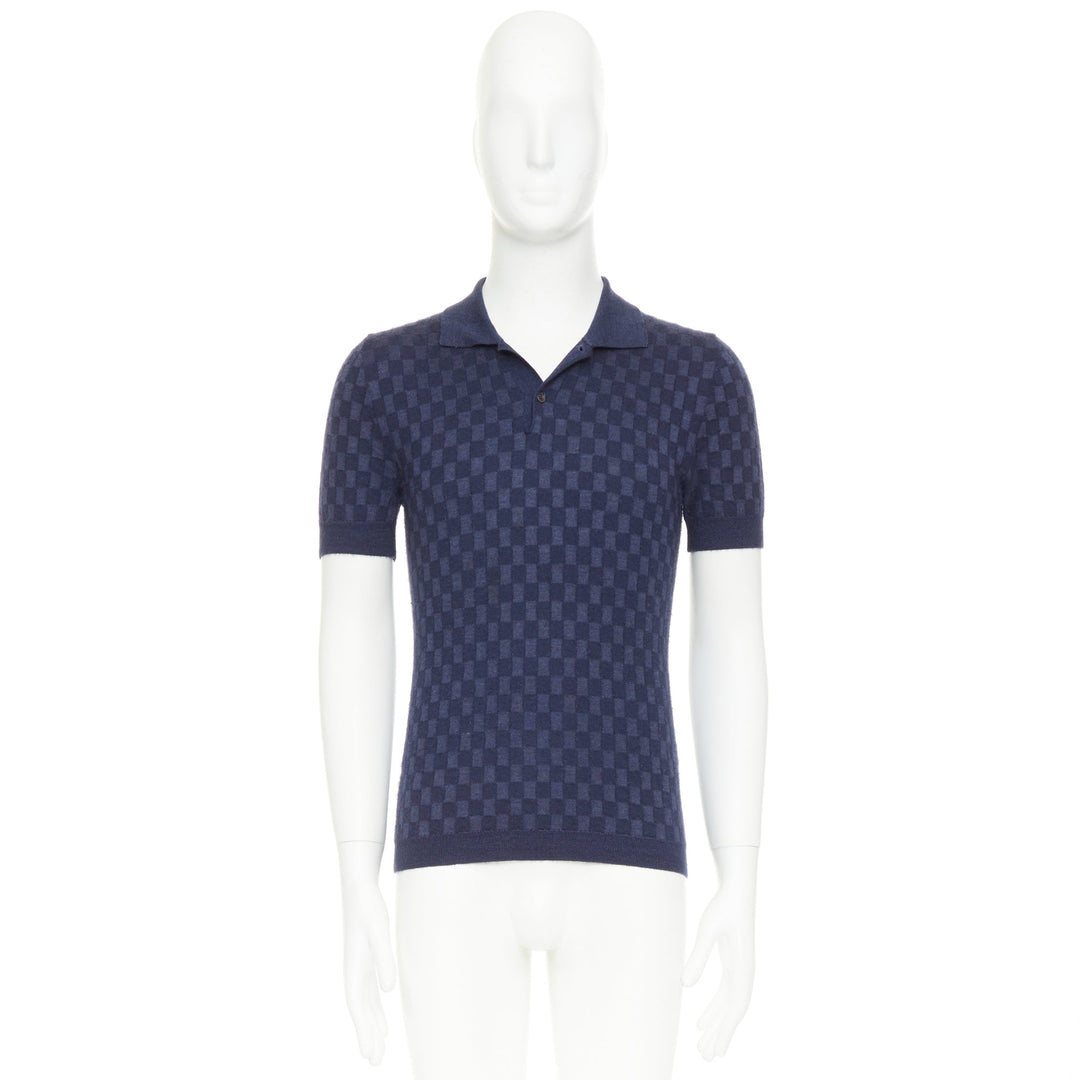 LOUIS VUITTON navy cashmere silk Damier checked knit polo shirt S