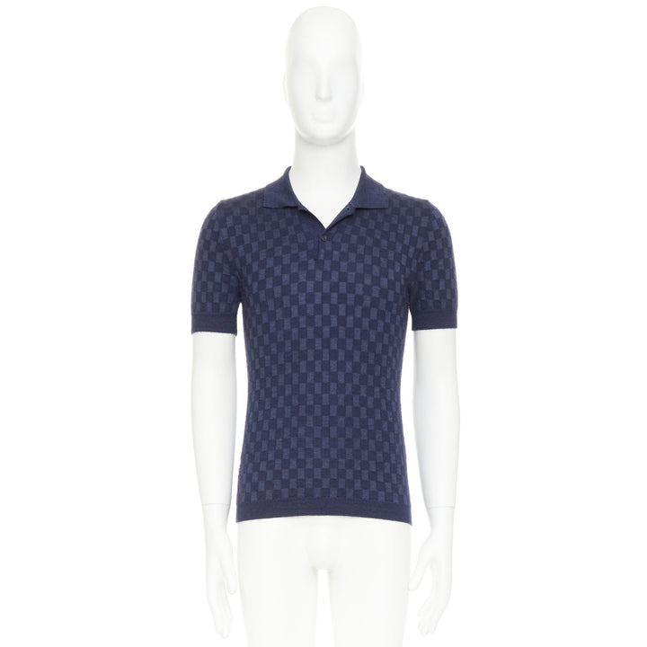 LOUIS VUITTON navy cashmere silk Damier checked knit polo shirt S